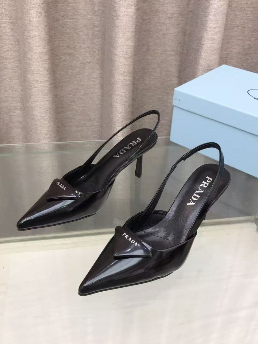 Prada Black Patent Leather Slingback Pumps Triangle Logo Kitten Heels
